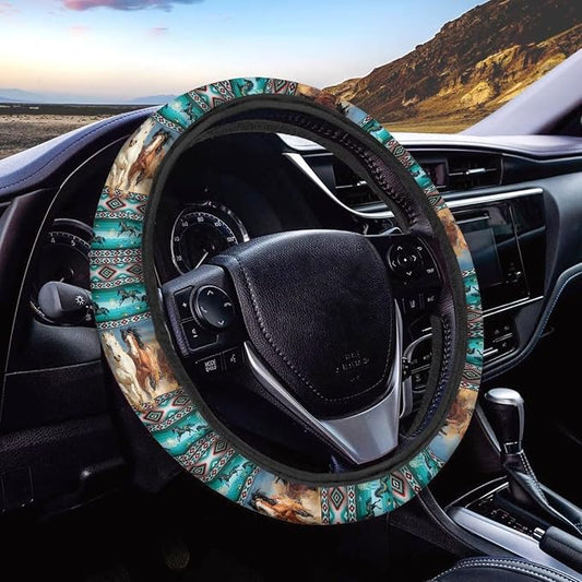 Wanyint Car Steering Wheel Cover Universal 15 Inch Steering Wheel Wrap Anti-Slip Soft Elastic Decorative Auto Accessories All Weather Protection, Aztec Running Horse Teal