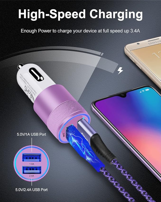 USB Car Charger, Automobile Lighter Adapter Dual Port Cigarette Cargador | 12v Cell Car Phone Charger for Samsung, iPhone, Google, Kindle, Double Port 3.4a Fast Charging Power Block