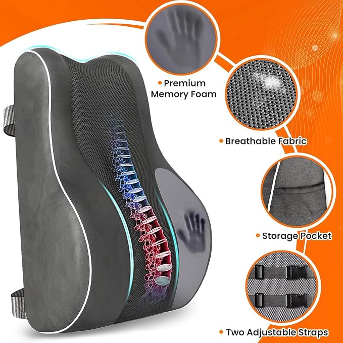 CloudBliss Ergonomic Lumbar Support Pillow Seat Cuhsion - Memory Foam for Lower Back Pain Relief, Adjustable Straps & Mesh Cover for Office, Gaming, Car Seat (Medium, Grey)