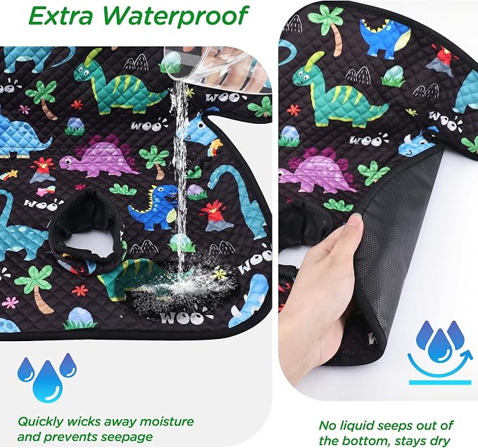 2P Car Seat Protector for Potty Training | Waterproof Toddler | 360°leak-proof + non-slip | Fits car seats, strollers, high chairs |toddler travel | Black/Dinosaur | Machine washable