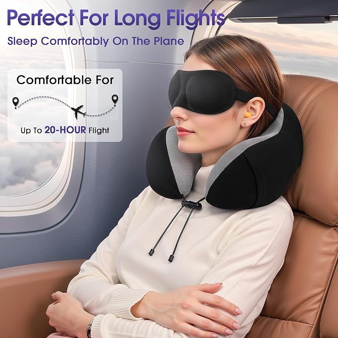 CloudBliss Travel Pillow for Airplane, Memory Foam Neck Pillow for Travel, Compact Flight Pillow with Eye Mask, Earplugs, Carry Bag, Travel Neck Pillow for Long Flight Sleep, Plane Accessories, Black
