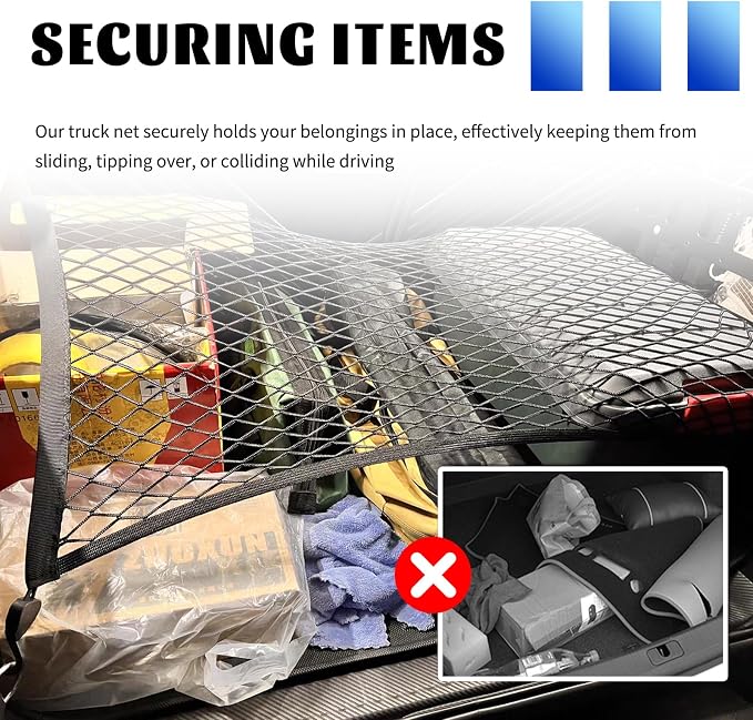 Highly Elastic Cargo Nets for SUV with 4 Hooks,32"x24" Stretch to 63"x47" Truck Cargo Net as Trunk Organizer,Heavy-Duty Truck Bed Cargoes Net for Secure Load Retention