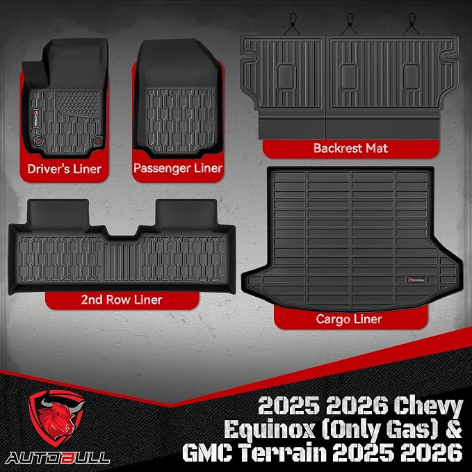 Floor Mats & Cargo Liner for 2025 2026 Chevy Equinox (Only Gas) & GMC Terrain, Car Mats Full Set 6-Piece,All-Weather TPE Protection 1st,2nd Row Car Liners,Backrest Mat & Trunk Mat,Black