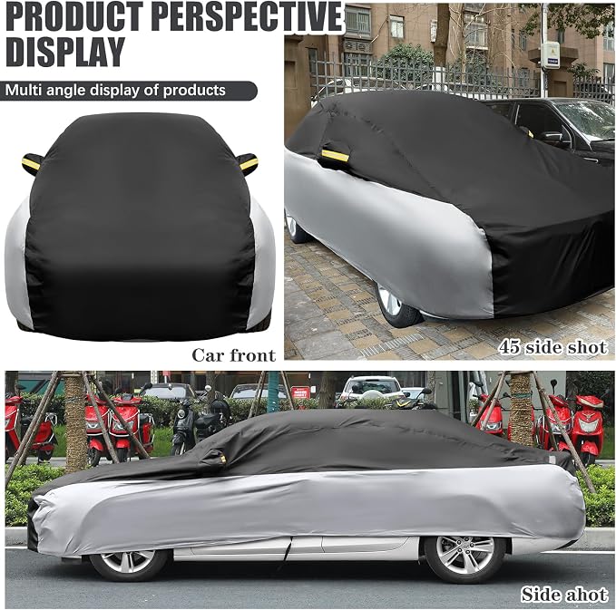 Riakrum Full Car Cover Waterproof All Weather for Automobiles Windproof Cover Rain UV Protection Sun Scratch Resistant Outdoor Universal(Fit Sedan Length (185-193'') 70'' H,Black, Silver)