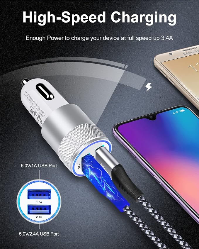 Car Charger, 3.4a Portable Dual Port 12V USB Cargador Carro Lighter Adapter | Cig Socket Adapter for iPhone 17e 17 16E 16 15 14 13 Pro Max Plus, iPad, Tablet, Samsung Galaxy Cigarette Auto Charge