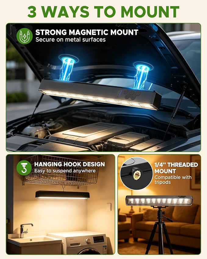 Rechargeable Magnetic Light Bar, 15.8 inch, 1500LM Portable LED Light with 10000mAh Battery, USB-C Charging, Remote Control & Timer, Dimmable & 3 Color Temps, Magnetic Mount, Hook & Battery Display