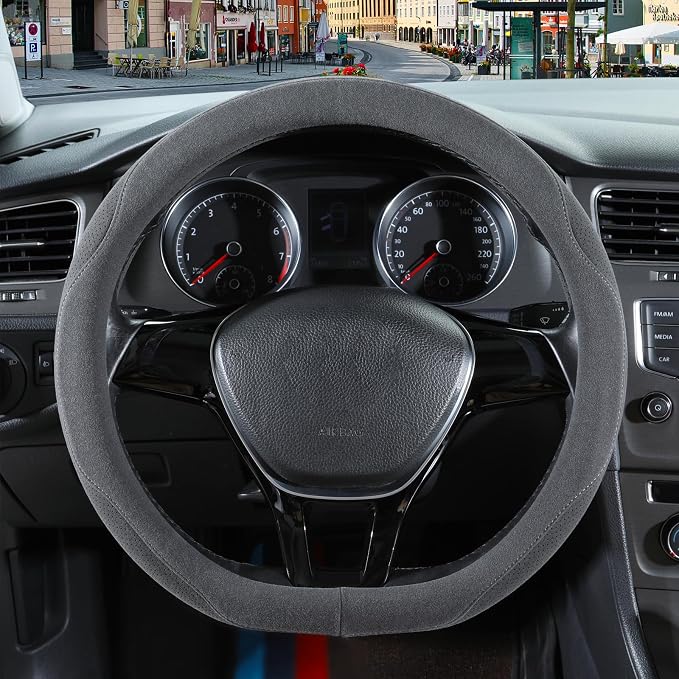 Gray Suede D Shaped Steering Wheel Cover 13.5 inch to 14 inch | Warm in Winter and Cool in Summer, Small Felt Car Accessories, Breathable Non-Slip Sweat-Proof Wear-Resistant