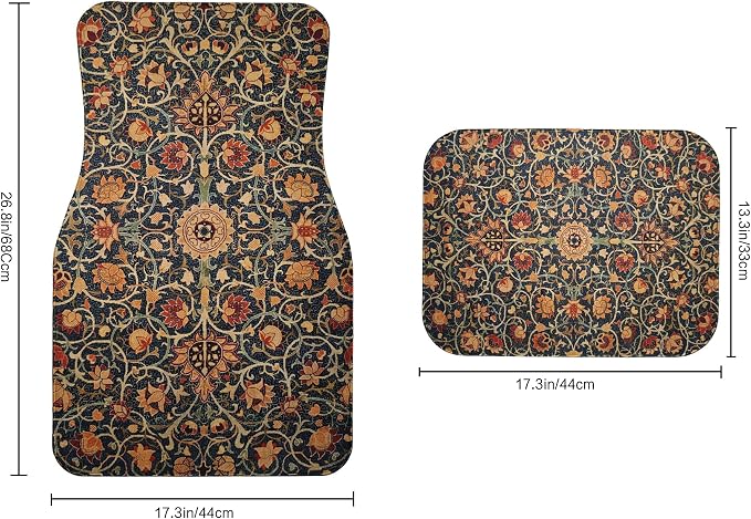 Vintage Boho Car Floor Mats-Non-Slip Rubber Backing,Front (26.8x17.3in) & Rear (13x17.3in) Set-Water Absorbing, Durable Automotive Floor Liners with Stylish Patterns
