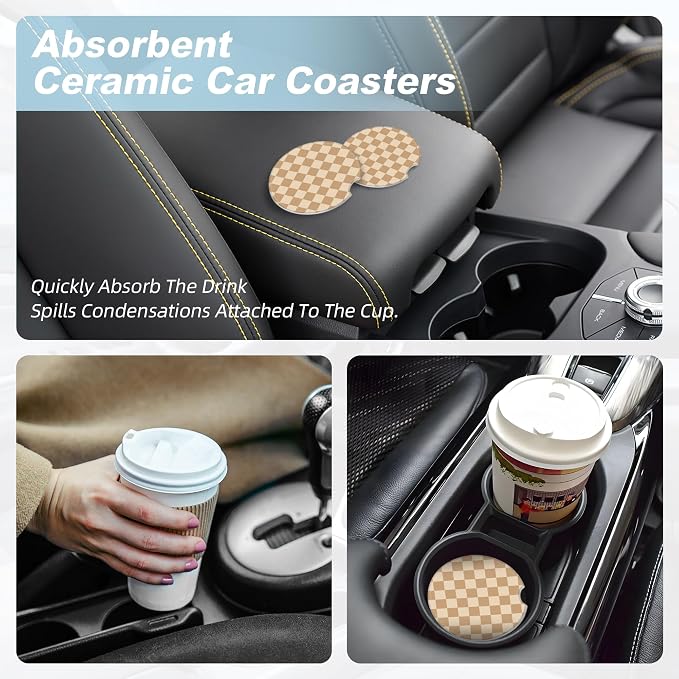 Brown and White Checkered Car Coasters for Cup Holders,2 Pack Car Cup Holder Coasters for Car,Ceramic Absorbent Car Coaster with A Finger Notch and Cork Base,Car Interior Accessories for Women Men