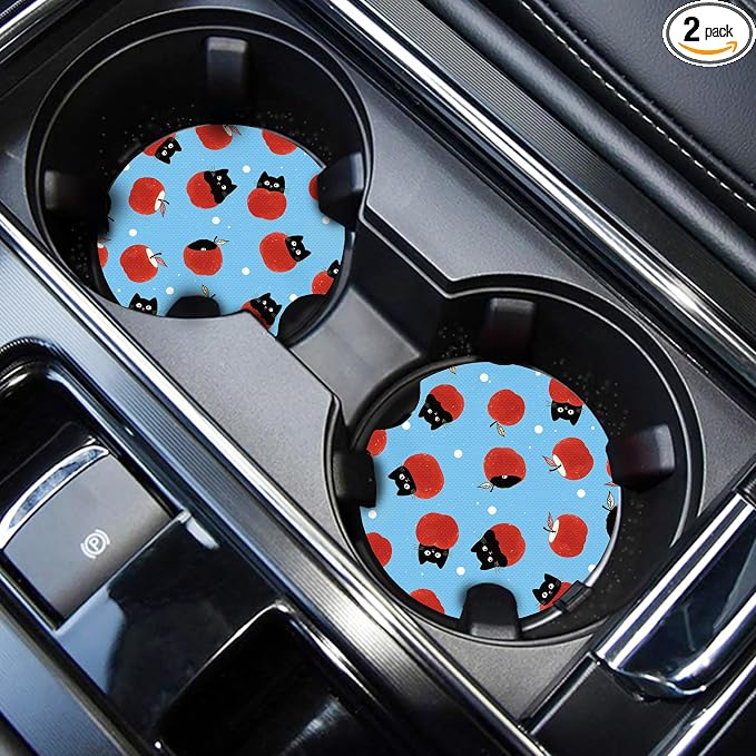 WOCOCN Cute Cup Holder Coasters for Your Car with Fingertip Grip, Auto Accessories for Women & Men,Pack of 2 (Black Cat and Apple)