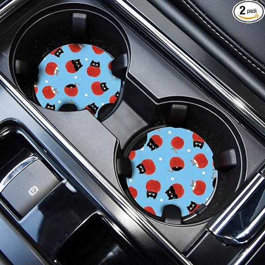 WOCOCN Cute Cup Holder Coasters for Your Car with Fingertip Grip, Auto Accessories for Women & Men,Pack of 2 (Black Cat and Apple)