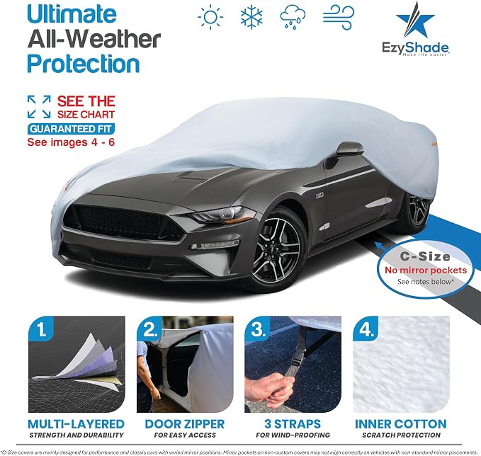 EzyShade Multi-Layer Waterproof Sports Car Cover - See Vehicle Size-Chart - Outdoor All Weather Full Exterior Covers for Automobiles - Corvette Mustang Trans Am Classic Cars. Size C4 (See SizeChart)