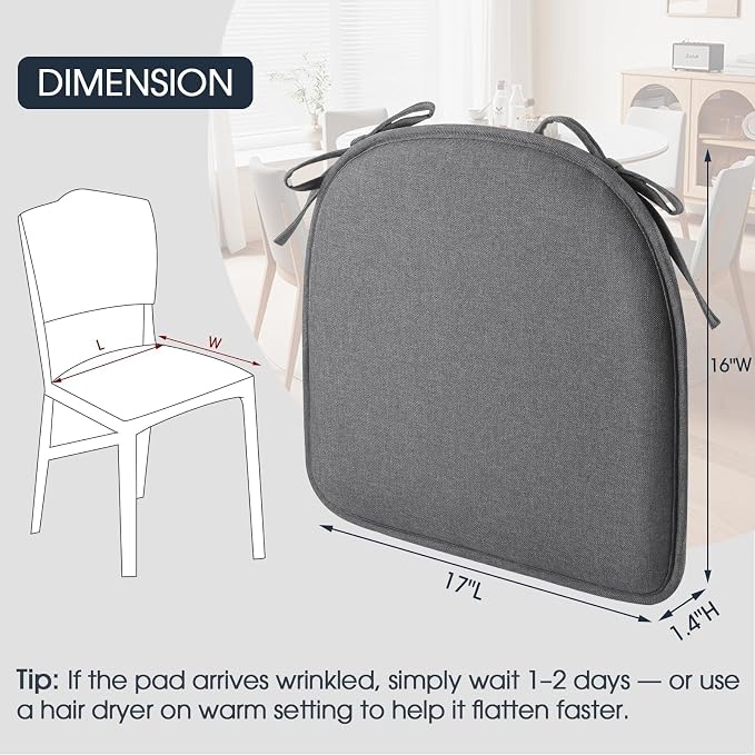 TushGuard Chair Cushions, 4 Pack Memory Foam Chair Pads, Thin Seat Cushion, Kitchen Chair Cushions Set of 4, Anti-Slip Backing & Fixed Straps, 1.4 in Thick, Grey