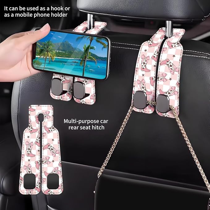 Car Seat Back Storage Headrest Hook, Premium Leather Double Metal Hook, Hanger Storage Organizer for Purse Cloth Bag, Car Interior Accessories Checkered Cow Bowtie