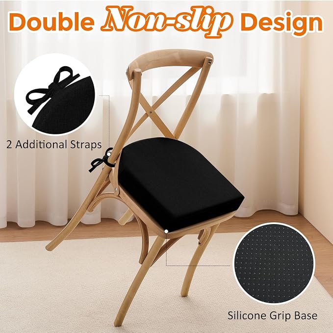 downluxe Chair Cushions for Dining Chairs, Memory Foam Linen Kitchen Chair Pads with Ties, Waterproof, Stain-Resistant and Washable Cover, 17" x 16" x 2.5", Black, 2 Pack