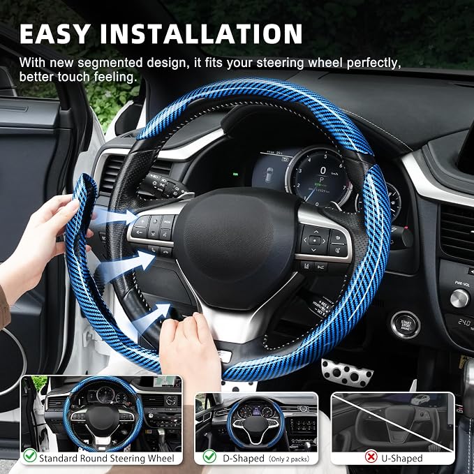 Amiss 3pcs Carbon Fiber Anti-Skid Steering Wheel Cover, Waterproof Design, Universal Fit for 14-16 Inch Car Wheel Cover, Interior Car Accessories for Jeeps, SUVs, Trucks (Glossy Blue)