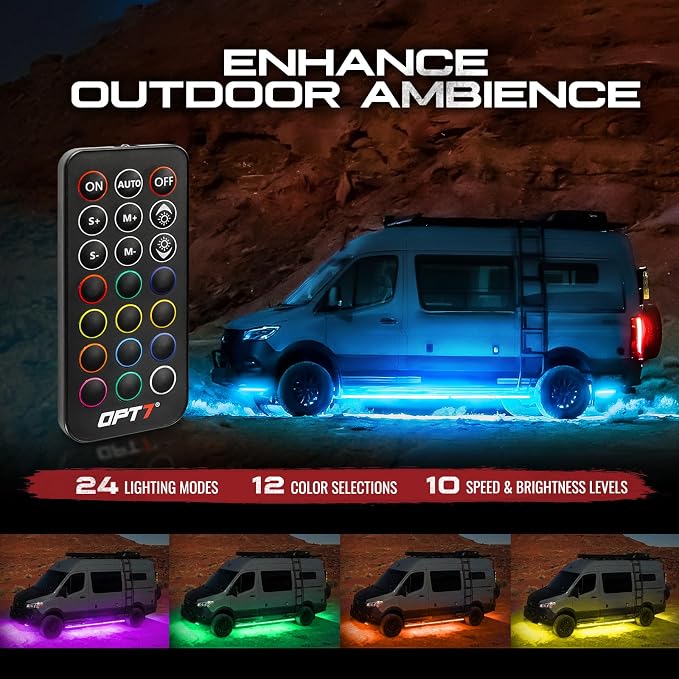 OPT7 Aura RGB Aluminum RV LED Underglow Lights with Remote Control, 12V | Waterproof Rigid Light Bars, Multicolor Motorhome Lighting, Camper Exterior Accent Ground Lights, Outdoor Decor Accessories