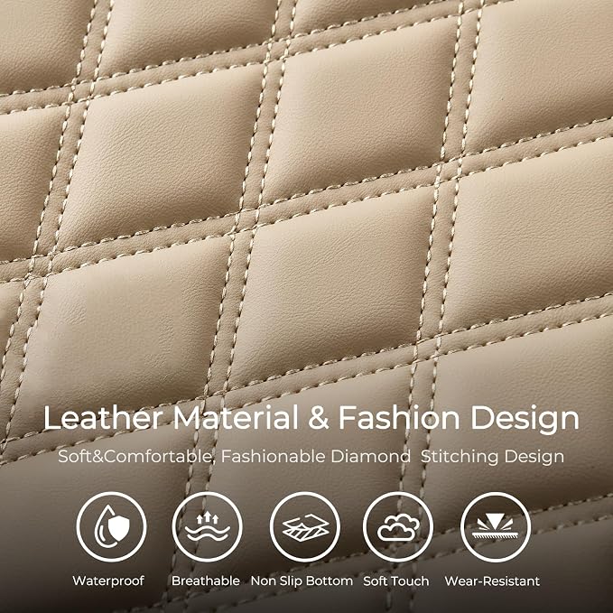 Huidasource Beige Seat Covers Full Set, Nappa Leather Seat Cover Hollow Design Airbag Pops, Front ＆ Back Seat, 5 Layers Seat Covers for Most Cars, Vans, Trucks, SUVs Universal Fit (Full Set/Beige)