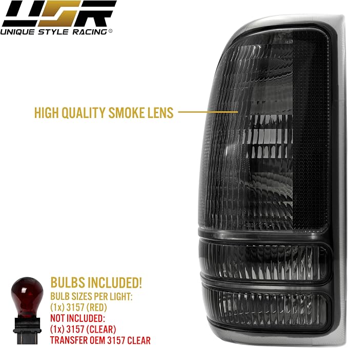 USR 97-04 Dakota PickUp Tail Light – Rear Tail Lamps (Left + Right) Pair - Compatible with 1997-2004 Dodge Dakota Pick Up Truck All Models/Trims (SMOKE TAIL LIGHTS/PLUG AND PLAY READY)