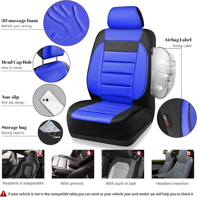 CAR PASS Leather Car Seat Covers Front Seats Only, Universal Fit Automotive Interior Waterproof 3D Foam Back Support Car Seat Covers for Trucks Vans and SUVs Airbag Compatible 2 Pieces Black Blue