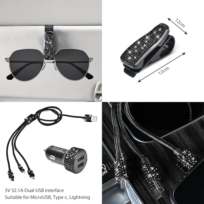 CAR PASS 30 PCS Bling Diamond Car Accessories Set for Women, Bling Steering Wheel Covers 15 Inch, Shining Rhinestone License Plate Frame, Sparkly Phone Holder, Cute Interior Set Decorations, Black