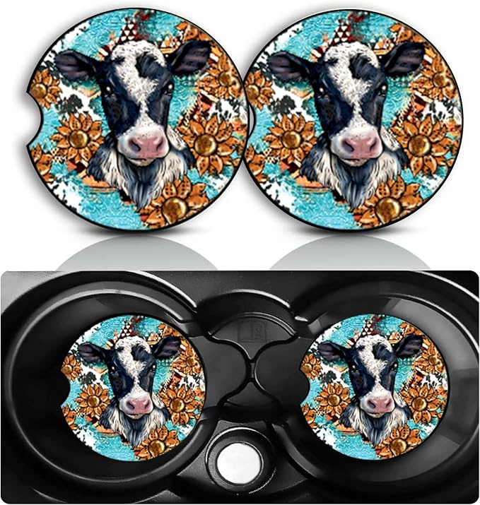 Western Cow Car Cup Holder Coasters Set of 2 – Fun Sunflower Cow Car Accessories 2.75" Universal Size Anti Slip Rubber Mat Auto Insert Coasters Decor Southwestern Style Gifts for Women Men