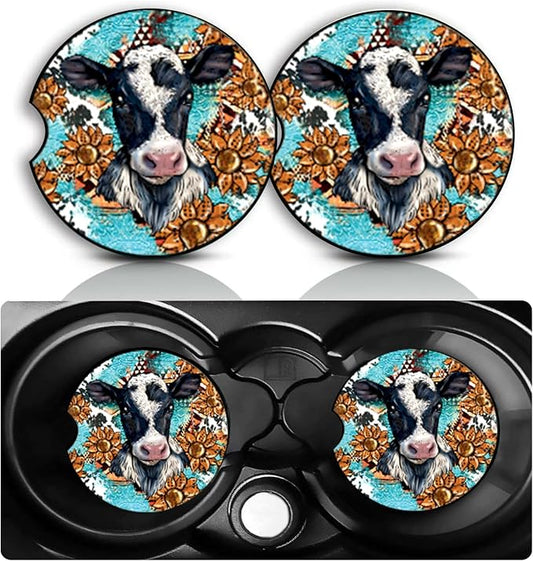 Western Cow Car Cup Holder Coasters Set of 2 – Fun Sunflower Cow Car Accessories 2.75" Universal Size Anti Slip Rubber Mat Auto Insert Coasters Decor Southwestern Style Gifts for Women Men