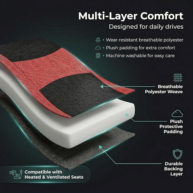 FH Group Universal Automotive Seat Covers 8 Seater Set | Light & Breezy Flat Cloth Washable Car Seat Cover for SUV, Sedan, Truck | Airbag Compatible Interior Upgrade - Red/Black