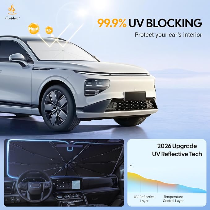 EcoNour Windshields Sun Shade for SUV & MPV, Car Front Windshields UV Blocker Sunshade & Window Tint, Shade Accessories with Storage Pouch Keeps Interior Cool, X-Large 61 x 35 Inch
