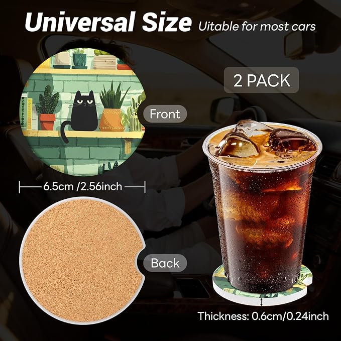 2 Pack Ceramic Car Coasters for Cup Holder, 2.56 in Anti Slip Absorbent Coaster with Cork Base and Finger Notch, Funny Cute Car Accessories for Women, Poke Face Cat