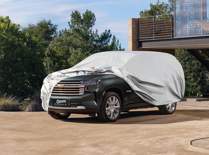 Kayme 6 Layers SUV Car Cover Custom Fit for Chevrolet Chevy Tahoe (2007-2025) Waterproof All Weather for Automobiles, Outdoor Full Cover Rain Sun UV Protection.Silver