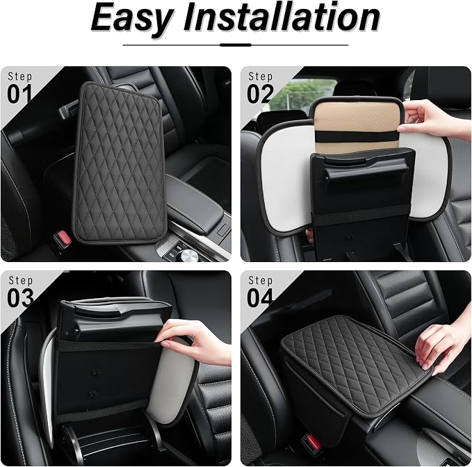 Amiss Car Center Console Cover, Upgraded Leather Car Armrest Cushion with 2 Storage Pockets, Universal Waterproof Cushion Pad, Non-Slip Car Interior Accessories, Fits Most Sedans SUVs Trucks (Black)