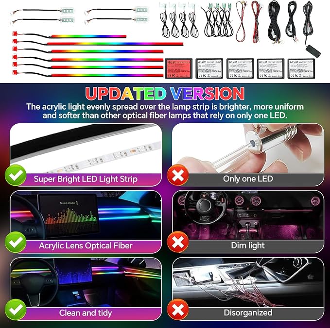 Dream Color Acrylic Interior Car Ambient Light Kit, Bphuny 22 in 1 593 LEDs Fiber Optic Multiple Modes Decoration Atmosphere Lights with Music Dynamic Rainbow Rhythm, RGB Neon Lights for All Cars