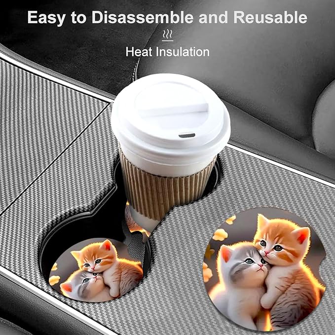 2 PCS Two Cat Car Cup Holder Coasters Universal Neoprene Coasters | 2.75" Universal Size Anti Slip Rubber Mat, Auto Cup Holder Accessories for SUV Truck, Gifts for Cat Lovers Women Men Mom