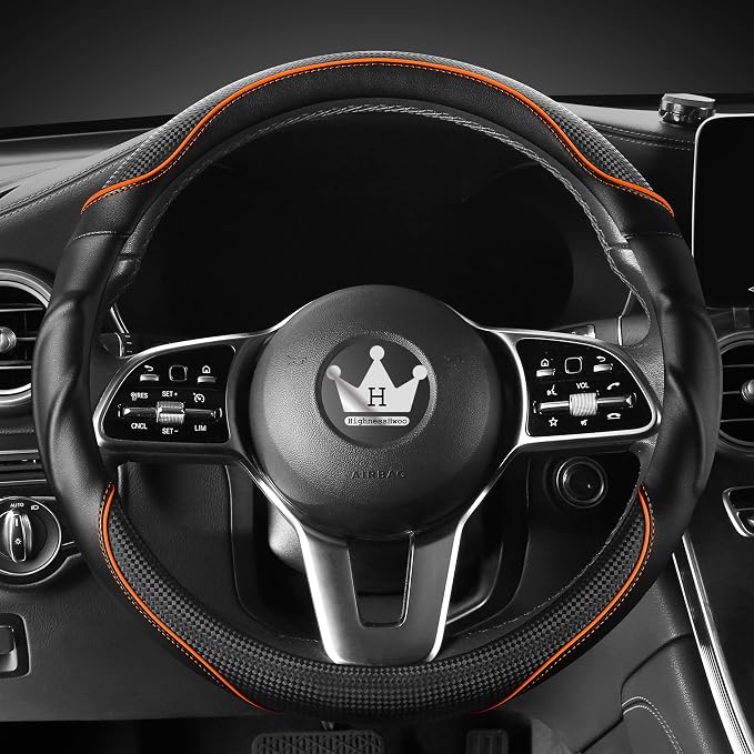 HighnessHwoo 3D Car Steering Wheel Cover Comfort Grip Massage Sporty Anti-Slip Carbon Fiber Faux Leather for F150, Trucks, Jeep, Van, Car Handle Covers for All Seasons, 15.2-16in, Orange