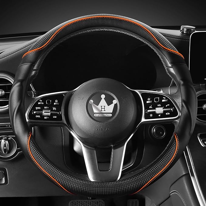 HighnessHwoo 3D Car Steering Wheel Cover Comfort Grip Massage Sporty Anti-Slip Carbon Fiber Faux Leather for Sedan SUV, Universal Fit, Car Handle Covers for All Seasons, 14.75-15.15in, Orange