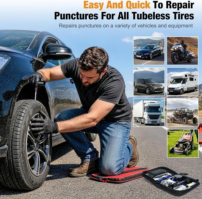 63PCS Flat Tire Repair Kit, Tubeless Tire Repair Kit, Tire Plug Kit Heavy Duty Professional, Emergency Tire Fix Tool for Car, Motorcycle, ATV, Tractor, RV, Truck