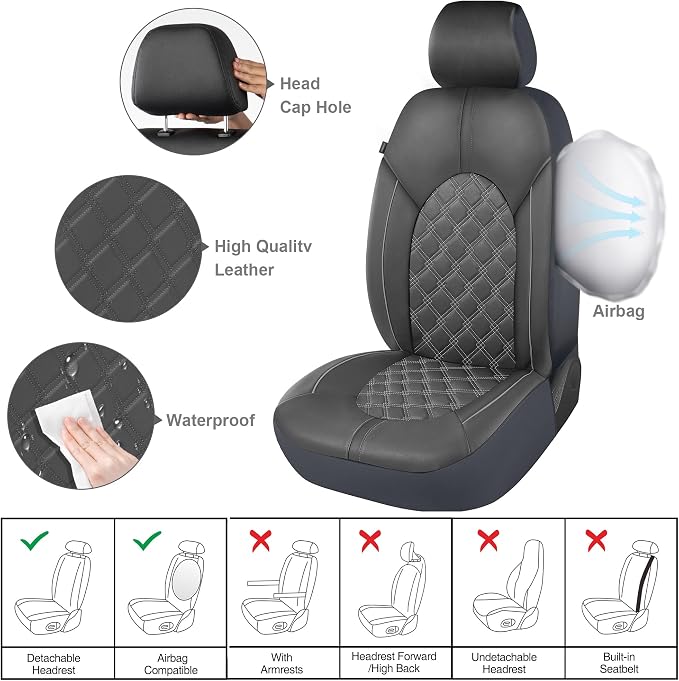 CAROMOP Luxury PU Leather Car Seat Covers Full Set-Waterproof Seat Protectors with Split Bench Seat Covers for Cars-Universal Cars Interior Covers for Sedans, SUVs, Pick-up Trucks(Gray/Gray Line)