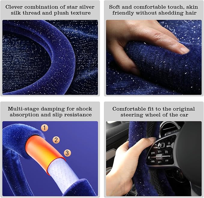 Blue Bling Starry Sky Furry Steering Wheel Cover, Universal 14.5-15 Inch Winter Plush Warm Steering Wheel Cover, Soft Fluffy, Anti-Slip Design, Soft Texture