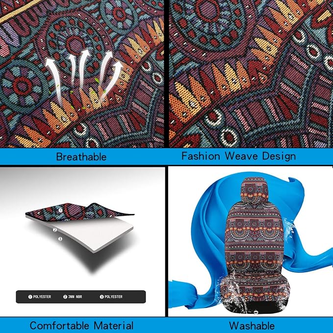 Baja Saddle Blanket Car 4PCS Front, Breathable and Washable Striped Woven Automotive Vehicle Universal Boho Seat Cover for Sedan, SUV, Truck, Airbag Compatible