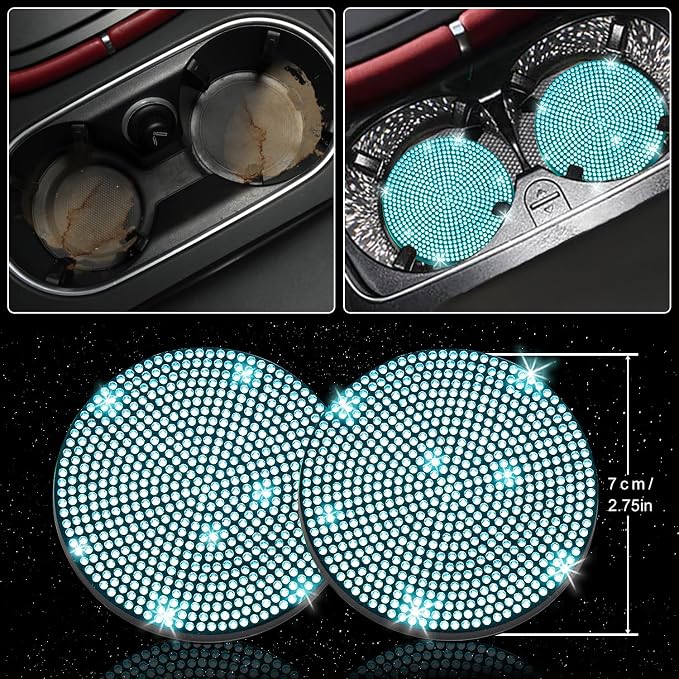NBTEPEM 12 Pcs Bling Car Accessories Set for Women Car Floor Mats Full Set Steering Wheel Cover Seat Belt Covers Coasters Universal Fit Car SUV Truck Van Aquamarine