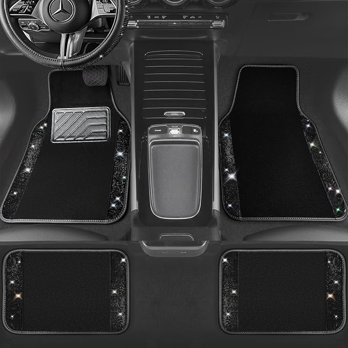 CAR PASS Bling Diamond Leather Steering Wheel Cover 14.5in-15in Floor Mats Shining Rhinestone Carpet Sparkly Glitter Crystal Anti-Slip Pad Fit Automotive SUV Pickup Truck Girl Women, 5pcs Black