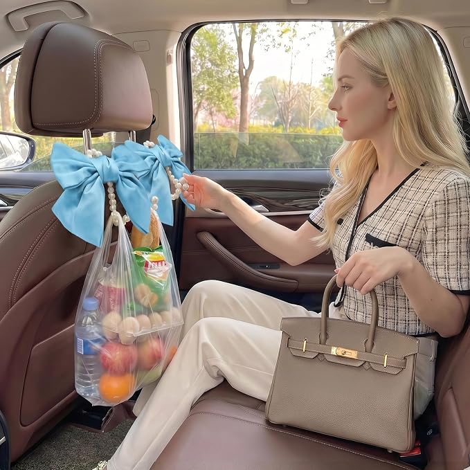 2PCS Satin Bow Pearl Car Seat Headrest Hooks – Car Bag Holder & Vehicle Hanger for Purses – Cute Coquette Aesthetic Interior Decoration – Cute Auto Organizer Accessories Universal (Sky Blue)