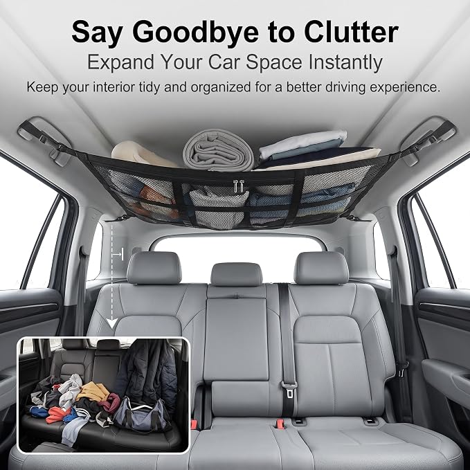 Car Ceiling Cargo Cet, 31.50" × 20.87" Multifunctional Car Roof Hanging Organizer, Automotive Top Storage Net, Wide Application for Different Vehicles and Occasions (Black)