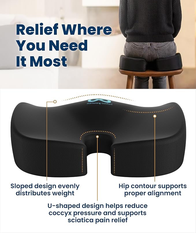 Everlasting Comfort Doctor Recommended Memory Foam Seat Cushion for Office Chairs & Car - Ergonomic Office Desk Accessories - Cushions for Tailbone Pain Relief, Sciatica (Black, X-Large)