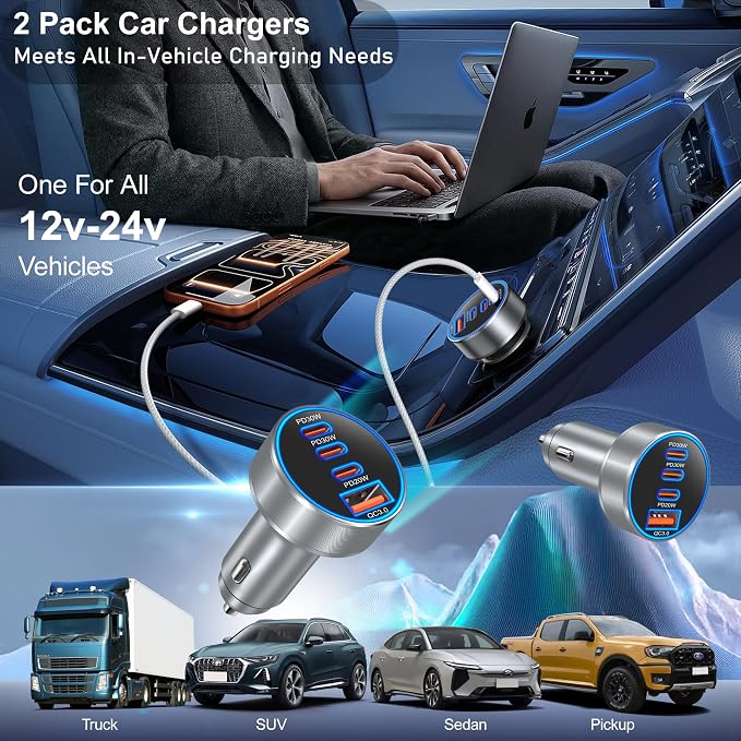 USB C Car Charger, Bangfun 98W Super Fast Charging Cigarette Lighter Adapter Multiport 12V-24V USB Phone Car Charger Plug for iPhone 17 17e 16 15 14 13 12 Pro Max Pad Galaxy Pixel Android(Gray)