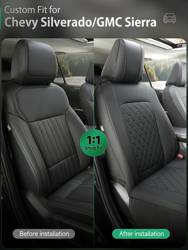 GIANT PANDA 2PCS Front Seat Covers for Chevy Silverado & GMC Sierra 1500 2500 3500 2007-2026 Crew Extended Double Cab Pickup,Custom Fit Chevy & GMC Truck Seat Protectors,Faux Leather (Solid Black)