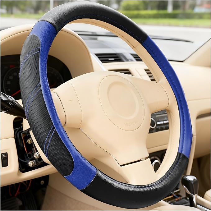 Car Steering Wheel Cover, 14.5-15" Non-Slip Soft Leather Breathable Sporty Steering Wheel Protector, Comfortable Automotive Interior Protection Accessory, Universal for Vehicles (Black/Blue)