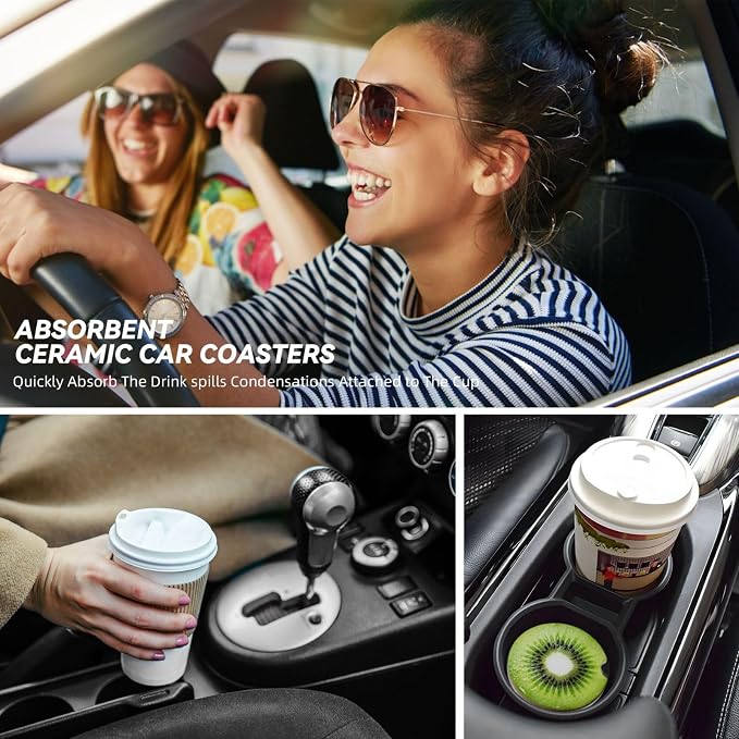 Kiwi Fruit 2 Pack Car Cup Holder Coasters Absorbent Ceramic Drink Coasters 2.56" Universal Anti Slip Cup Mat with Non-Scratch Cork Base and Finger Notch Auto Accessories Interior for Women Men