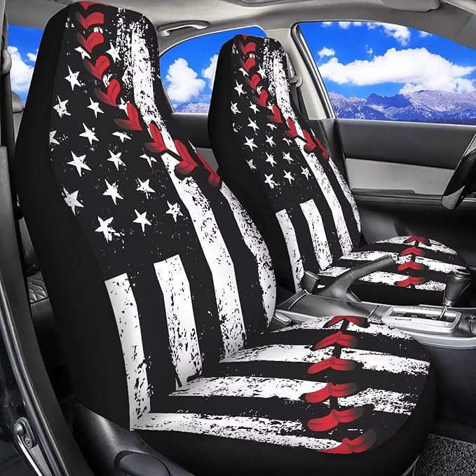 American Flag Car Front Seat Covers Baseball Stitch Car Seat Covers Set of 2 Removable Automotive Accessories Universal Fit for Cars,Sedans & SUVs